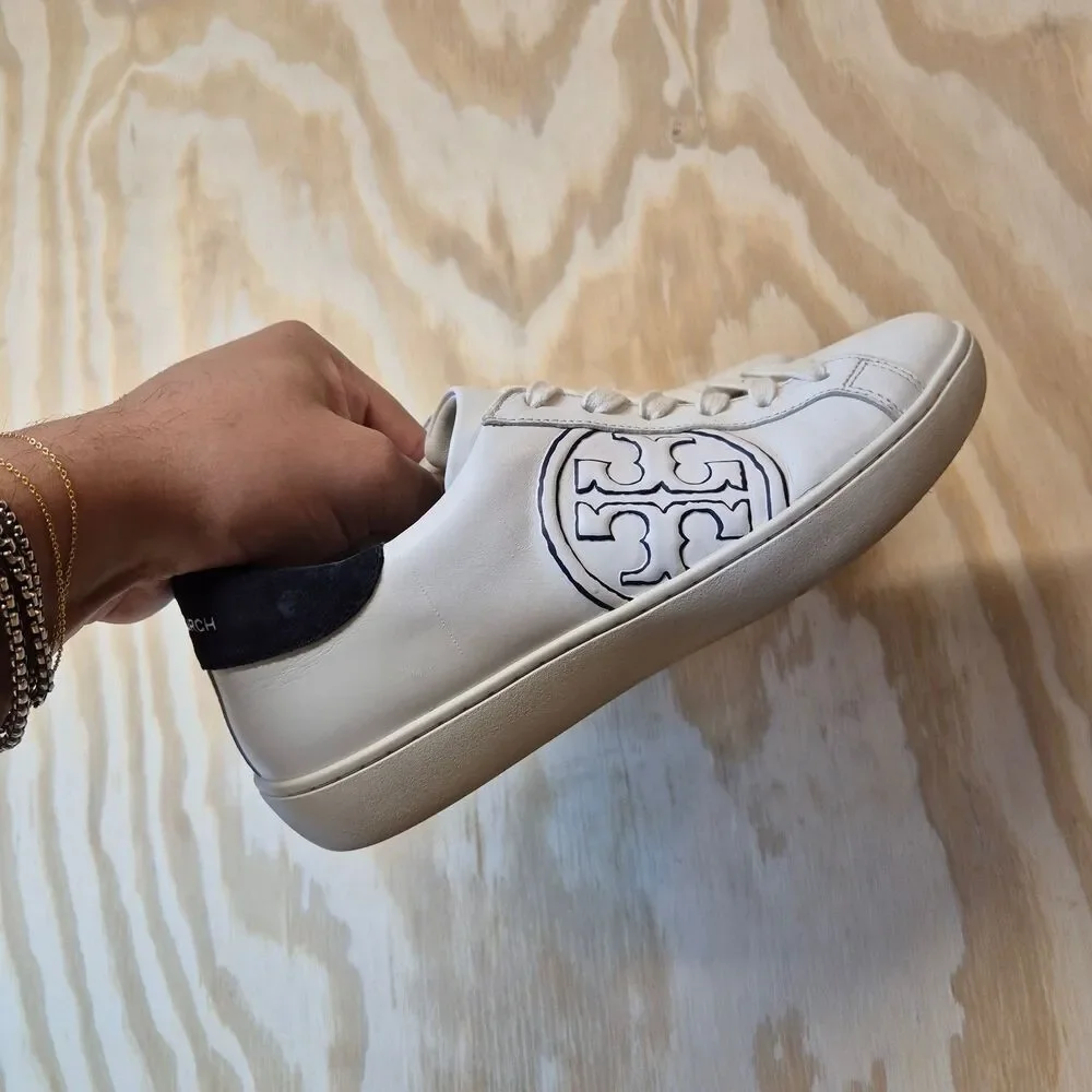 Tory Burch Women's T Logo Leather Sneakers White Navy Size 7M Low Top